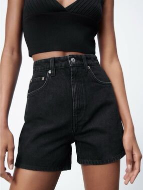 ZARA High-Waist Black Denim Shorts